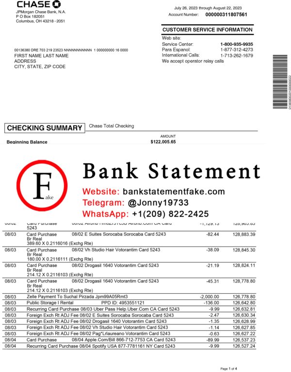 Chase Bank statement template - Bank Statement Generator