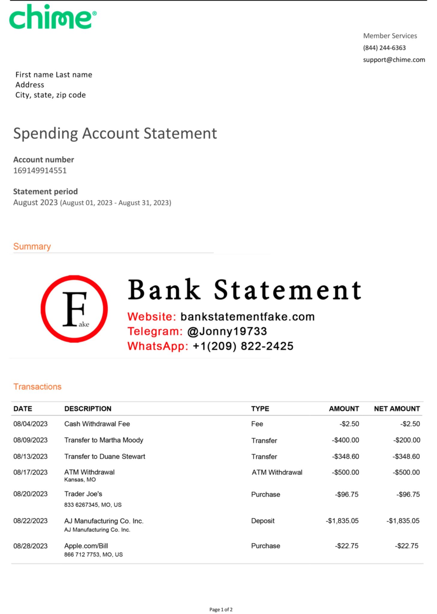 Chime Bank statement template - Bank Statement Generator