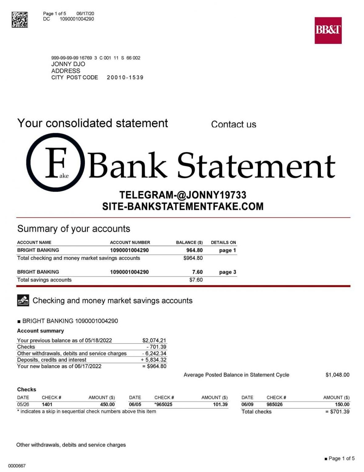 BB&T bank statement template - Bank Statement Generator