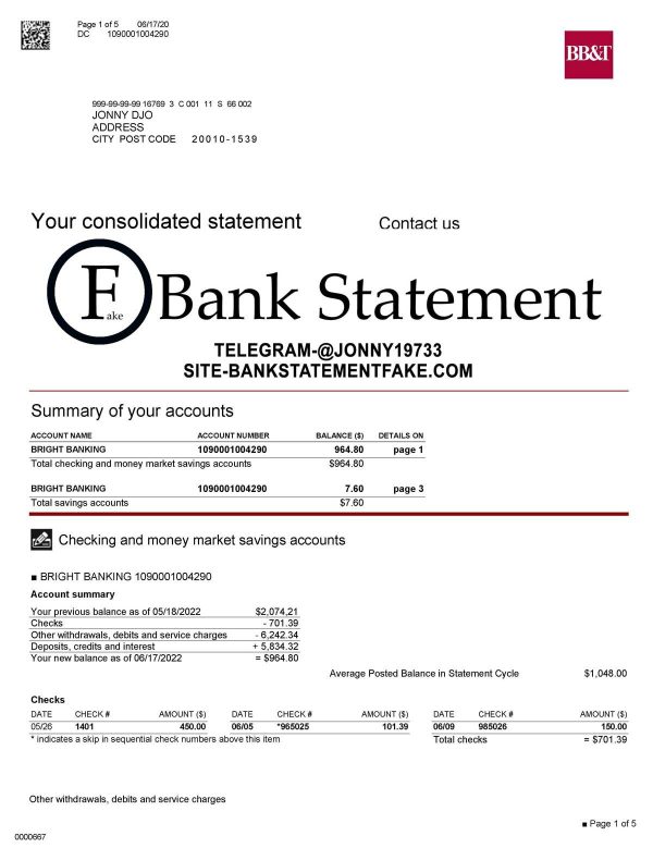 Fake bb&t bank statement template