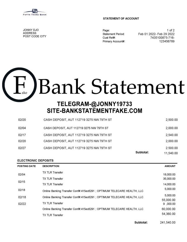 Fake fifth third bank statement template