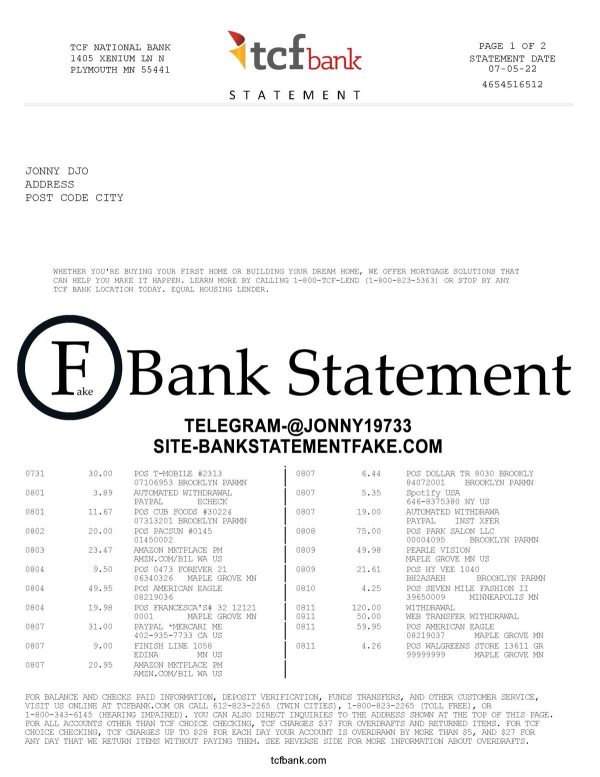 Fake tcf bank statement template