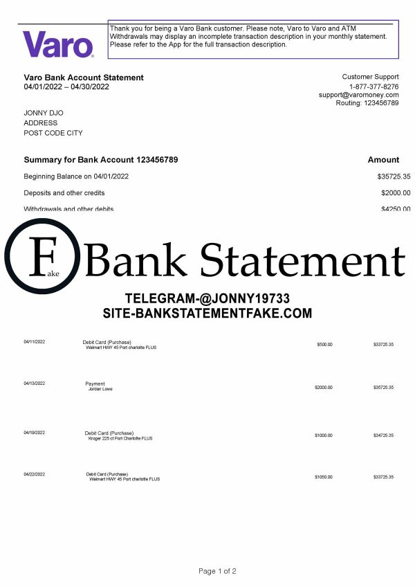 Varo bank statement template - Bank Statement Generator