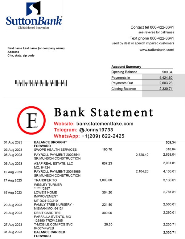 Fake sutton bank statement template