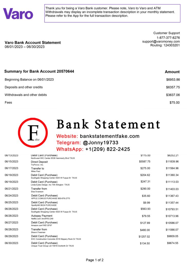 Fake varo bank statement template