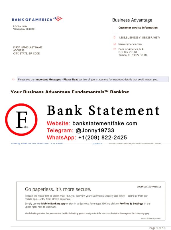 Fake bank of America bank statement template