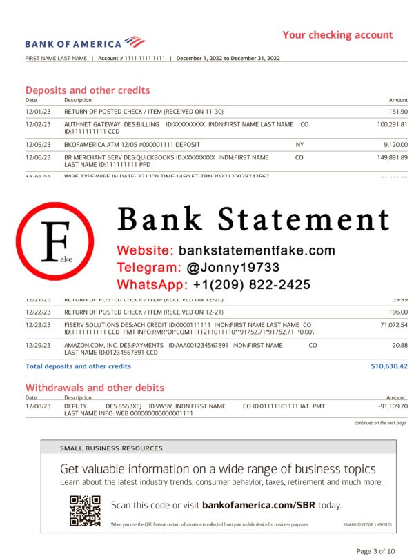 Bank of America bank statement template