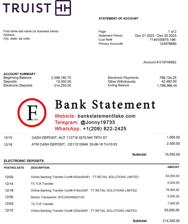 Fake truist bank statement template