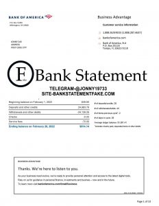Bank of America bank statement from the USA — realistic JPEG sample created for novelty purposes and professional training use.