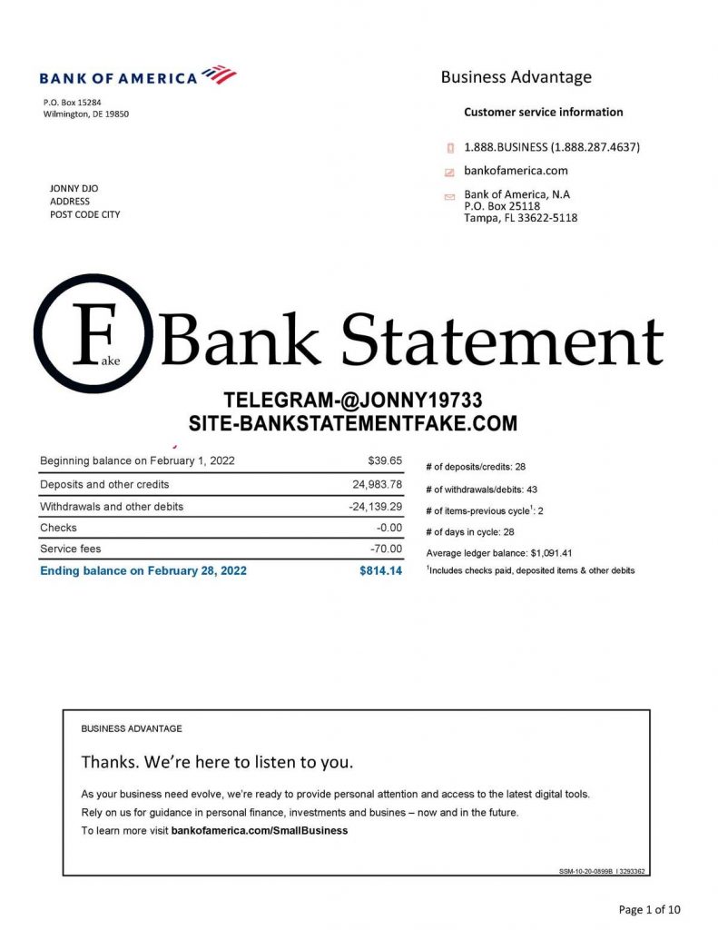 Bank of America bank statement from the USA — realistic JPEG sample created for novelty purposes and professional training use.
