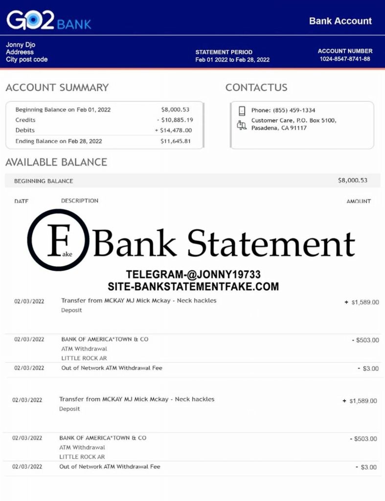GO2bank US bank statement in JPEG format, realistic editable sample crafted for novelty applications, training exercises, and UX simulation