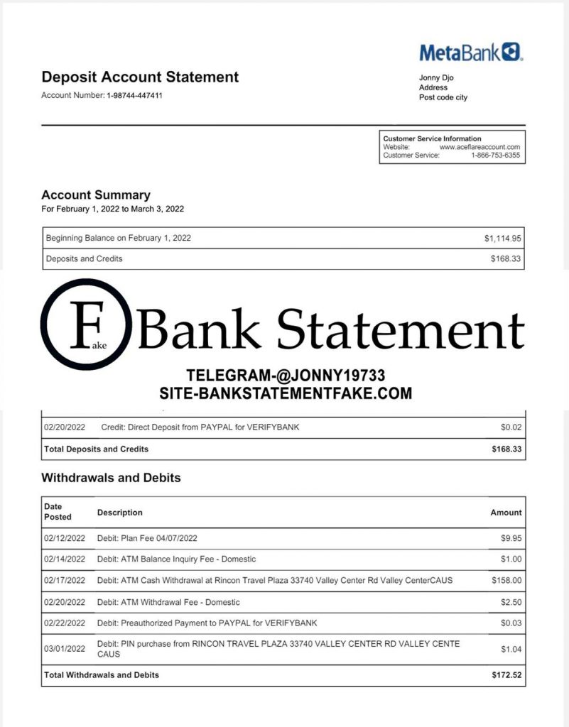 MetaBank US bank statement in JPEG format, realistic editable sample designed for novelty purposes, training applications, and UX simulation use