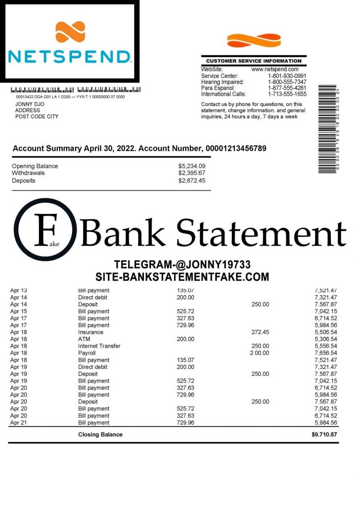 Netspend US bank statement in JPEG format, realistic editable mockup crafted for novelty use, training scenarios, and UX simulation purposes