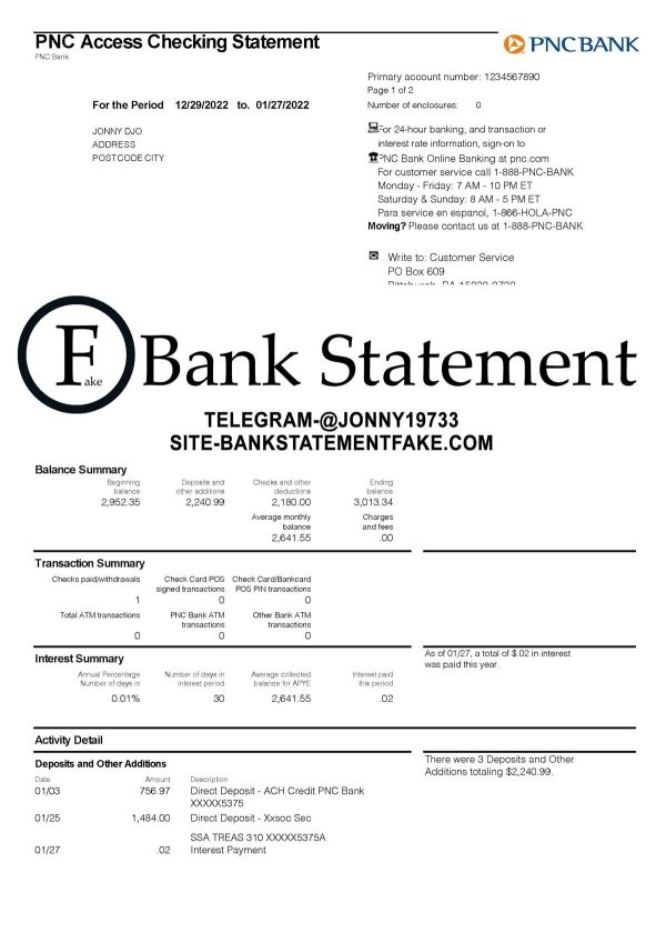 pnc bank statement template