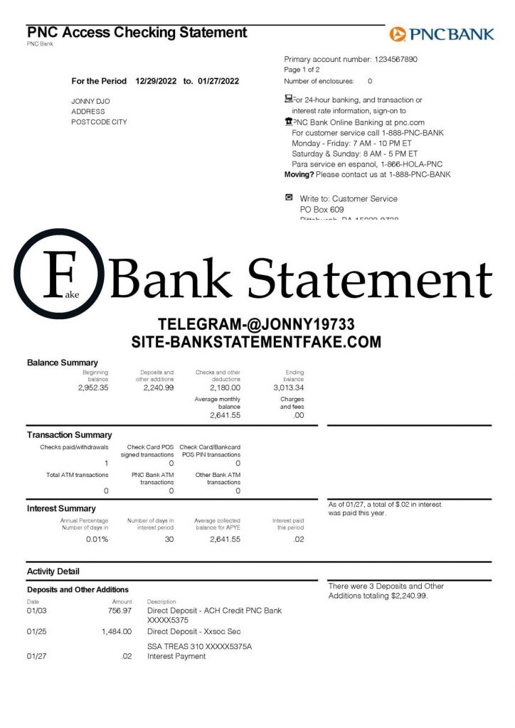 PNC Bank US bank statement in JPEG format, realistic editable sample designed for novelty purposes, training sessions, and UX simulation use