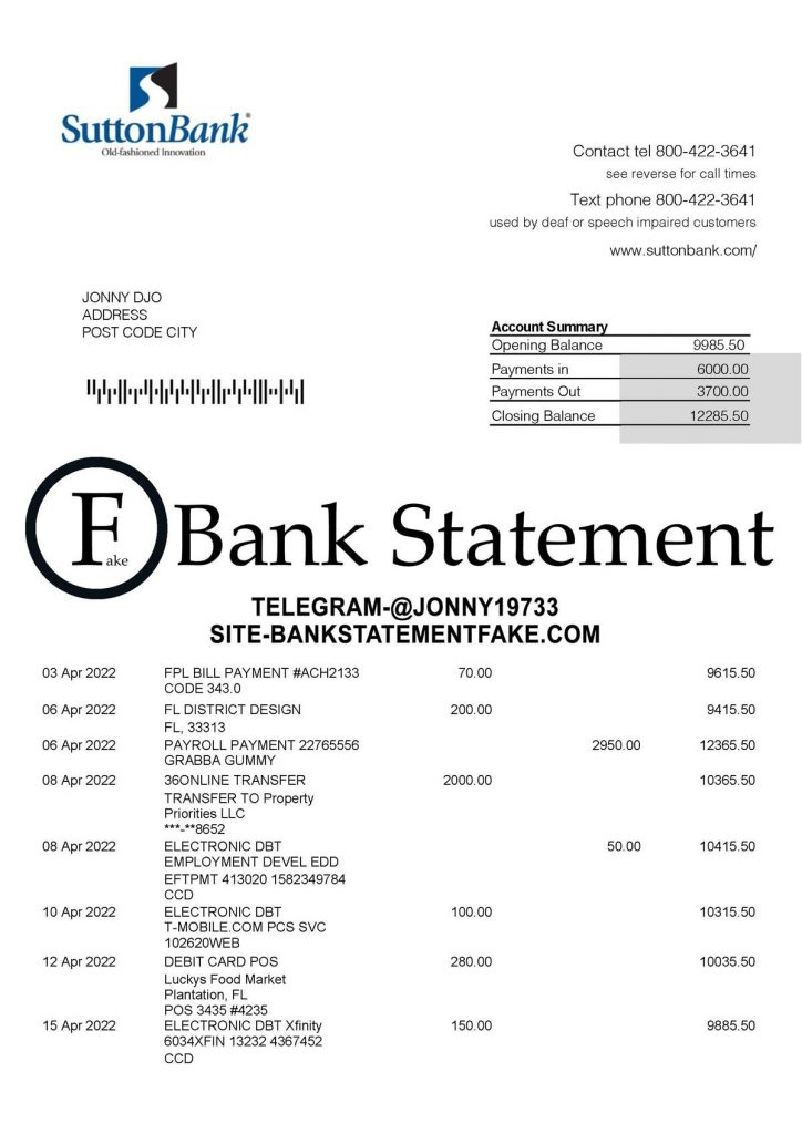 sutton bank statement template