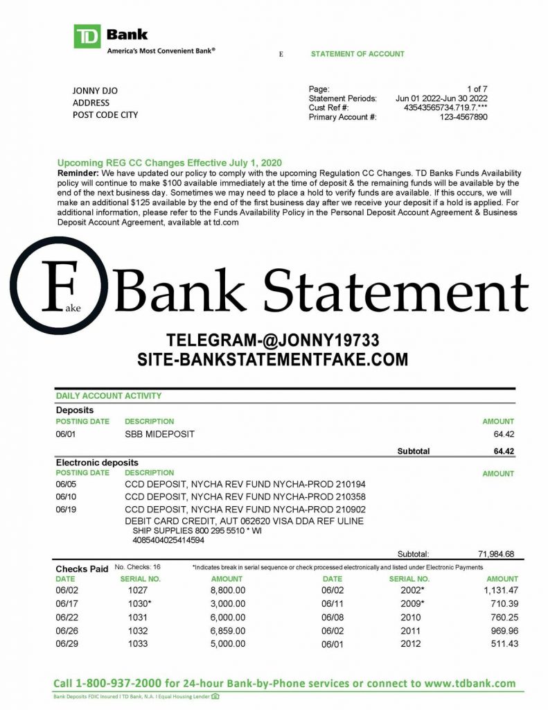 TD Bank statement in JPEG format, realistic editable mockup designed for novelty purposes, training applications, and UX simulation activities