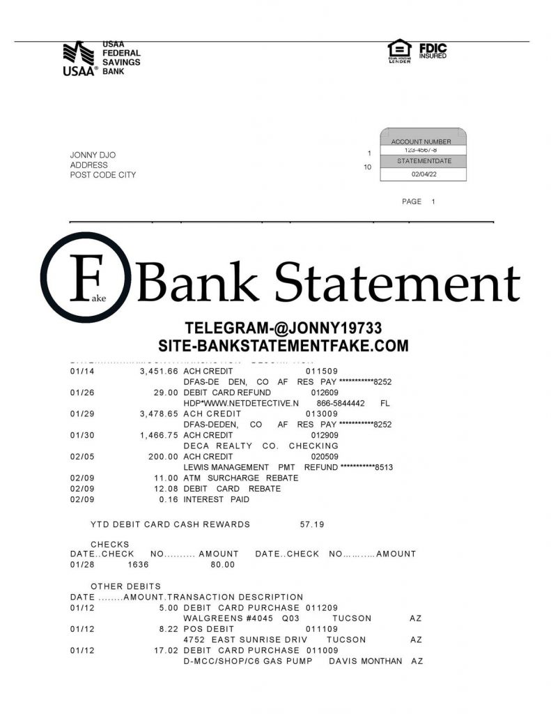 USAA US bank statement in JPEG format, realistic editable mockup crafted for novelty applications, training sessions, and UX simulation purposes