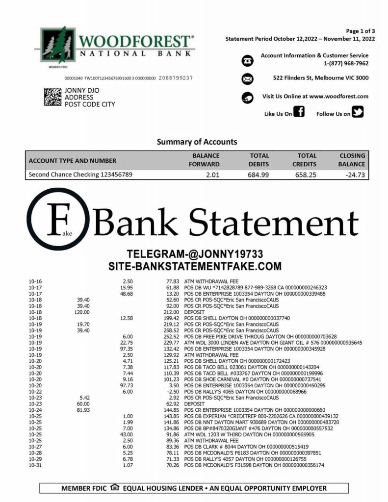 Woodforest US bank statement in JPEG format, realistic editable mockup crafted for novelty purposes, training sessions, and UX simulation use