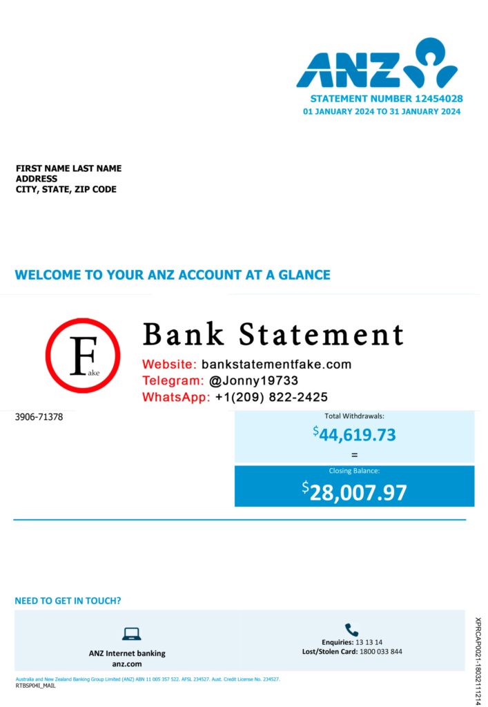 Australia ANZ bank statement in JPEG format, editable novelty sample with realistic layout for educational and UX simulation purposes
