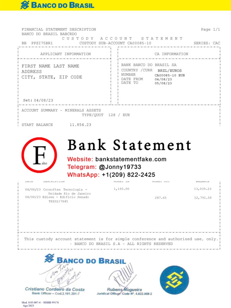 Banco do Brazil bank statement in JPEG format, realistic editable mockup designed for novelty, training, and UX simulation purposes