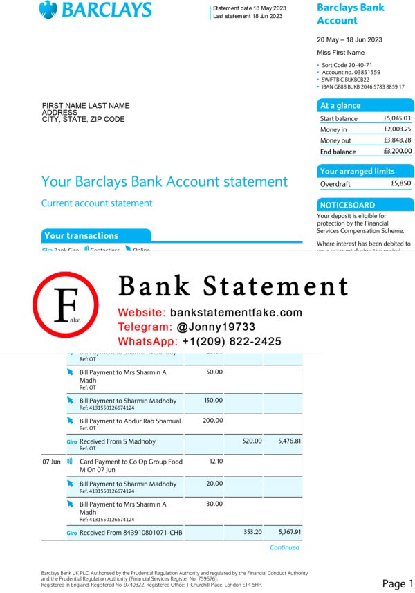 Barclays Bank Statement Template