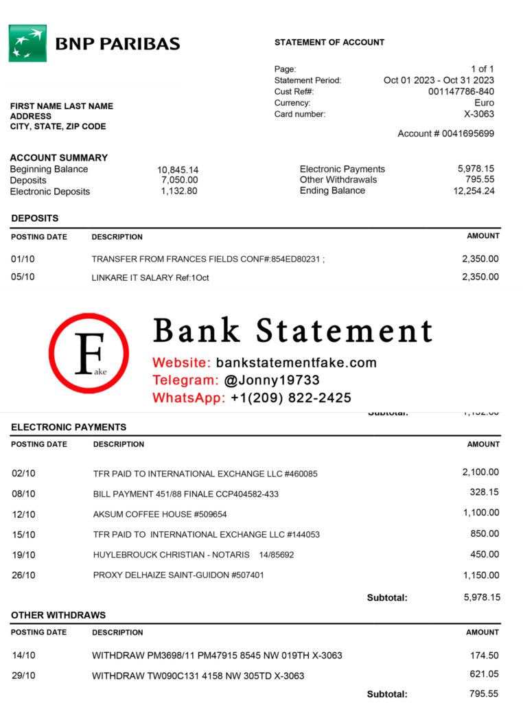 BNP Belgium bank statement in JPEG format, realistic editable sample designed for novelty, educational training, and UX simulation activities