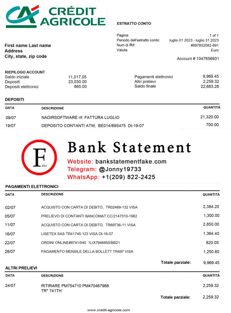 Credit Agricole Italy bank statement in JPEG format, realistic editable mockup crafted for novelty applications, training purposes, and UX simulation
