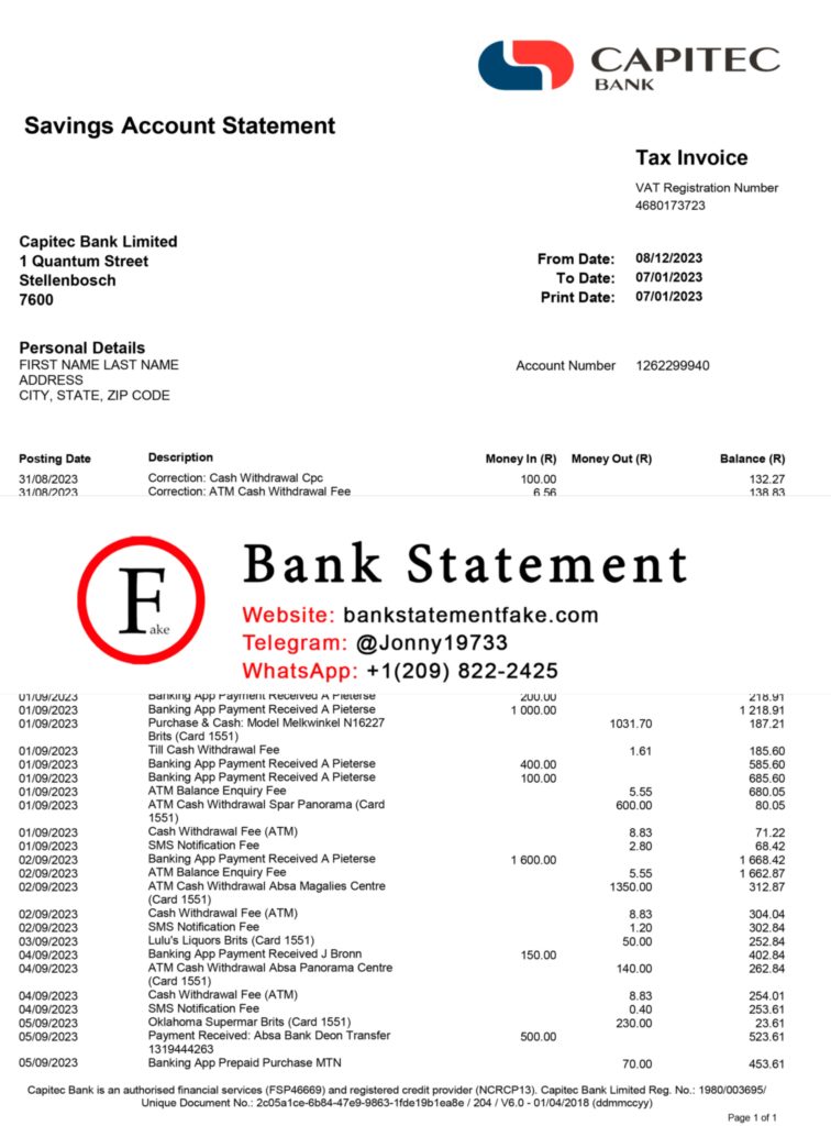 Capitec Bank South Africa bank statement in JPEG format, realistic editable mockup created for novelty purposes, training, and UX simulation use