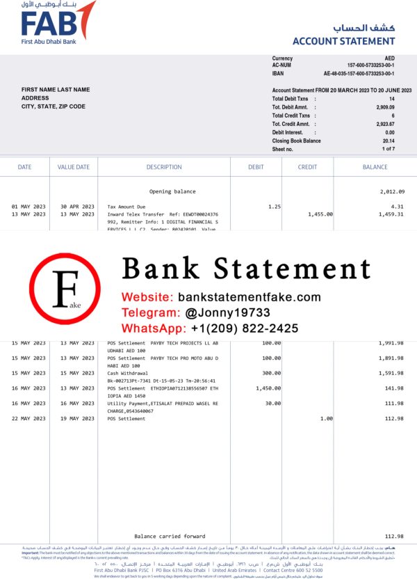 UAE Fab Bank Statement Template