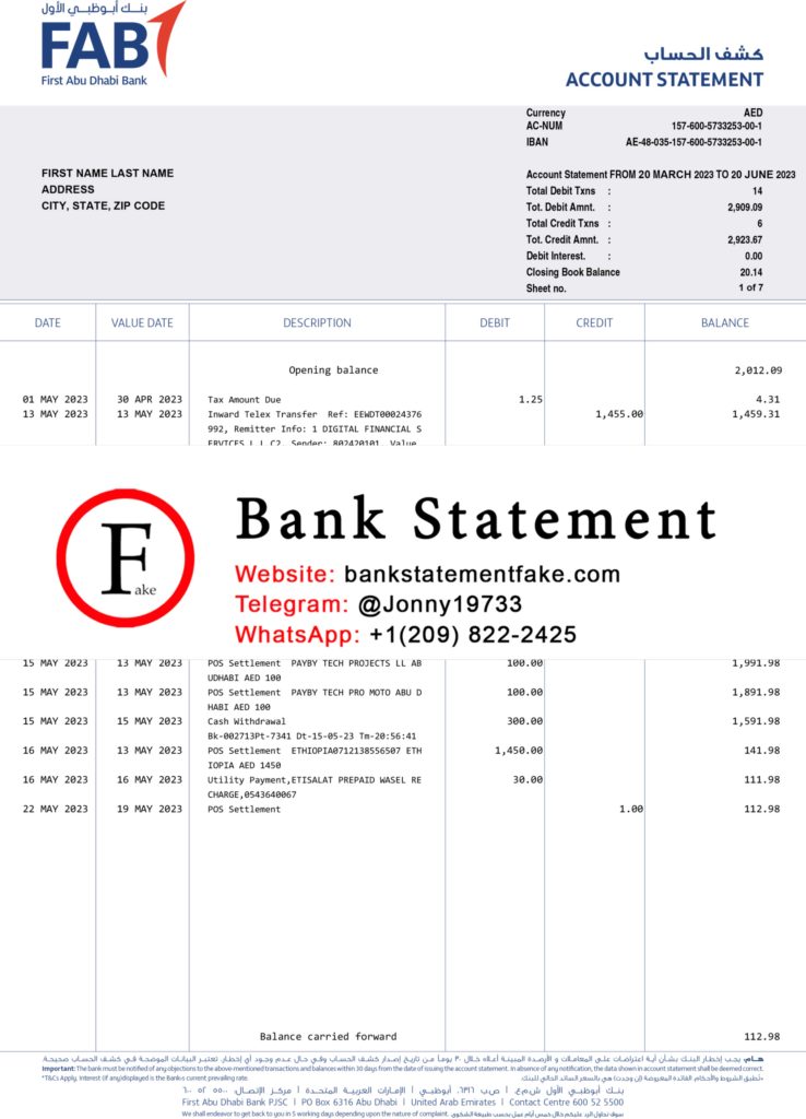 FAB UAE bank statement in JPEG format, realistic editable mockup created for novelty purposes, training activities, and UX simulation use