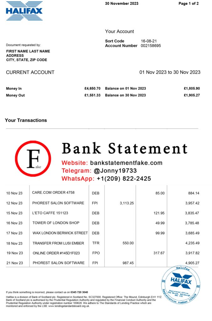 Halifax Ireland bank statement in JPEG format, realistic editable mockup crafted for novelty purposes, educational training, and UX simulation use