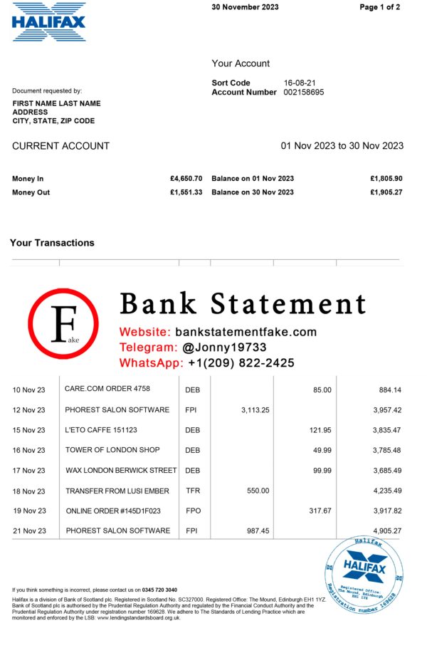 Halifax Bank Statement template