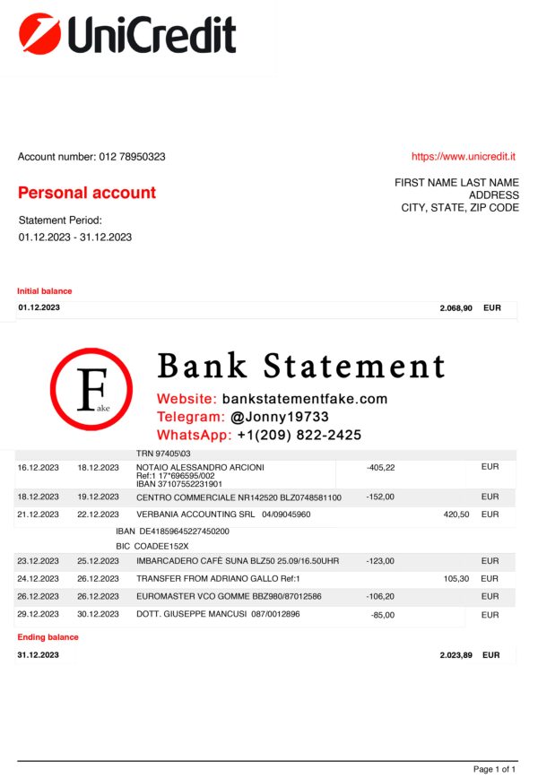 ITALY UNICREDIT Bank Statement Template