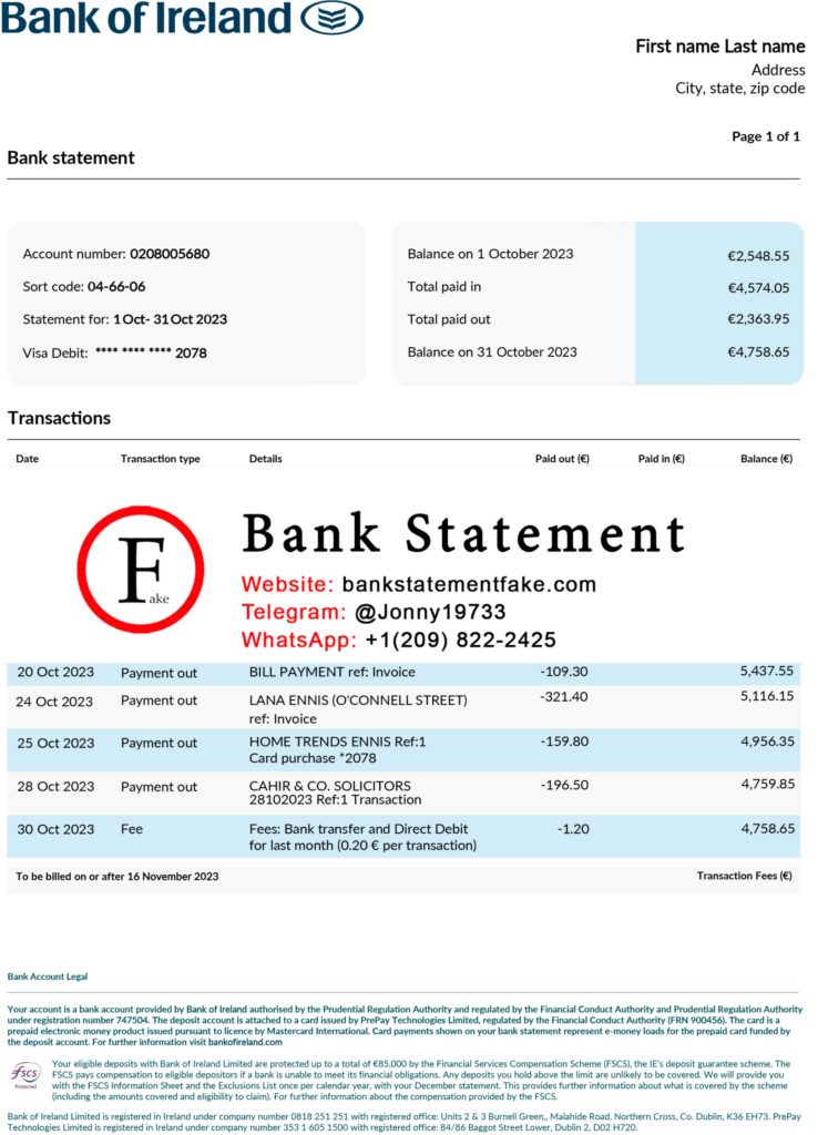 Bank of Ireland bank statement in JPEG format, editable novelty sample with realistic design for educational, training, and UX simulation use