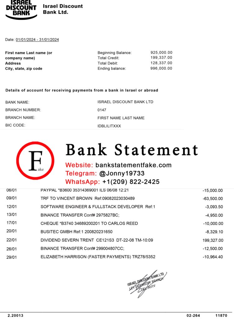 Israel Discount Bank statement in JPEG format, realistic editable mockup designed for novelty use, training purposes, and UX simulation scenarios