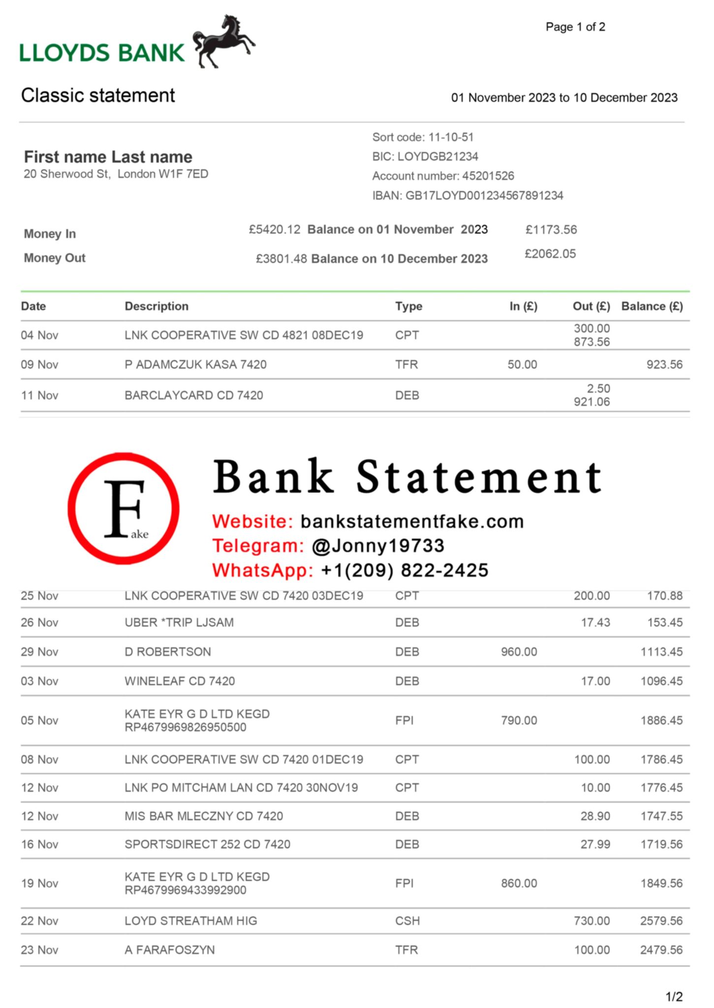 Lloyds Bank Statement Template - Bank Statement Generator