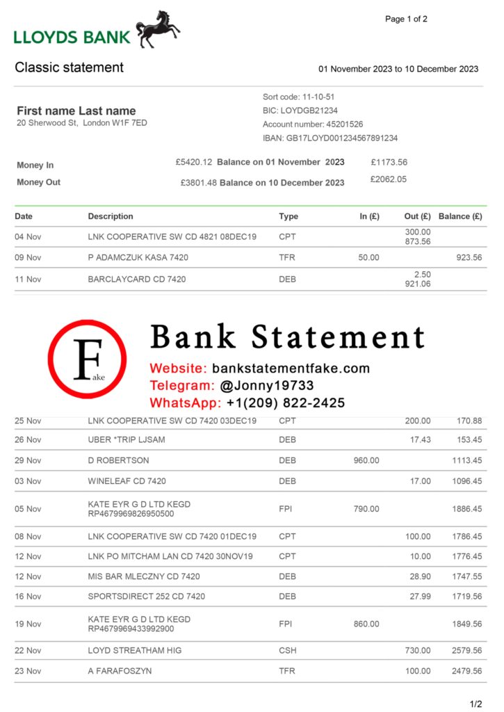 Lloyds Bank Statement template