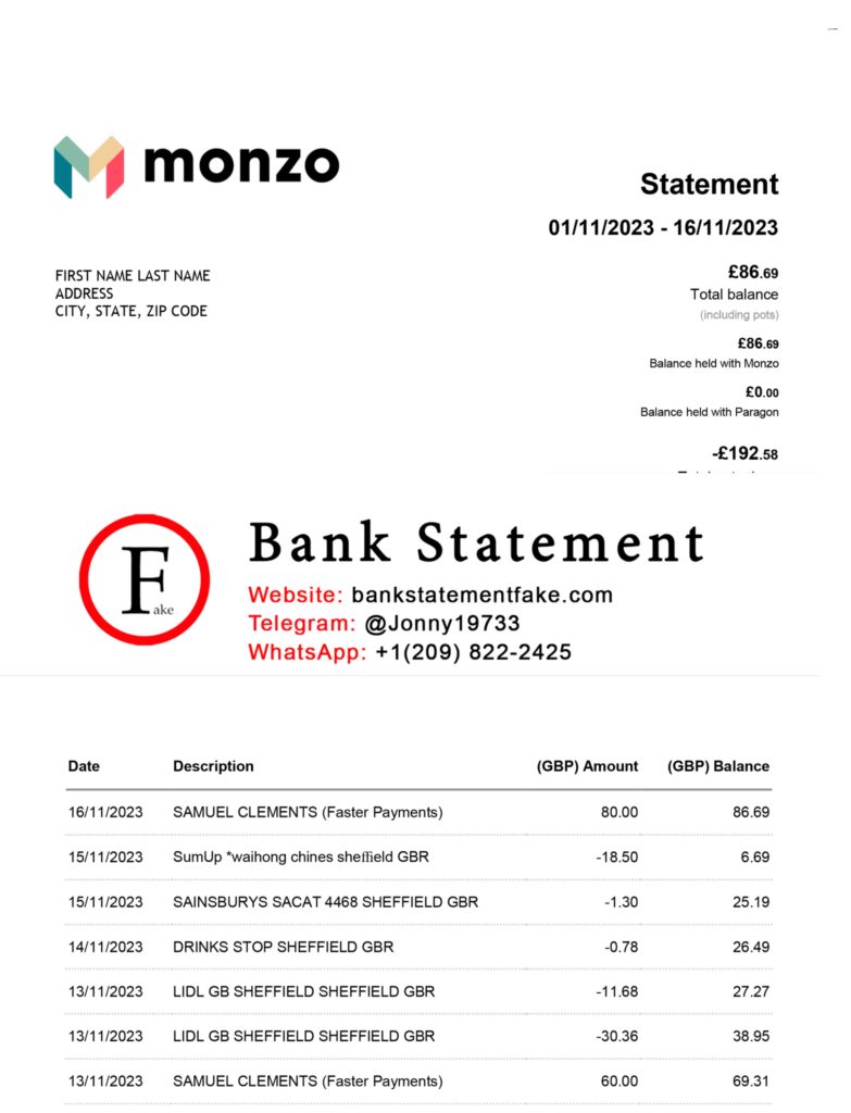 Monzo bank statement in JPEG format, realistic editable mockup created for novelty purposes, training exercises, and UX simulation projects