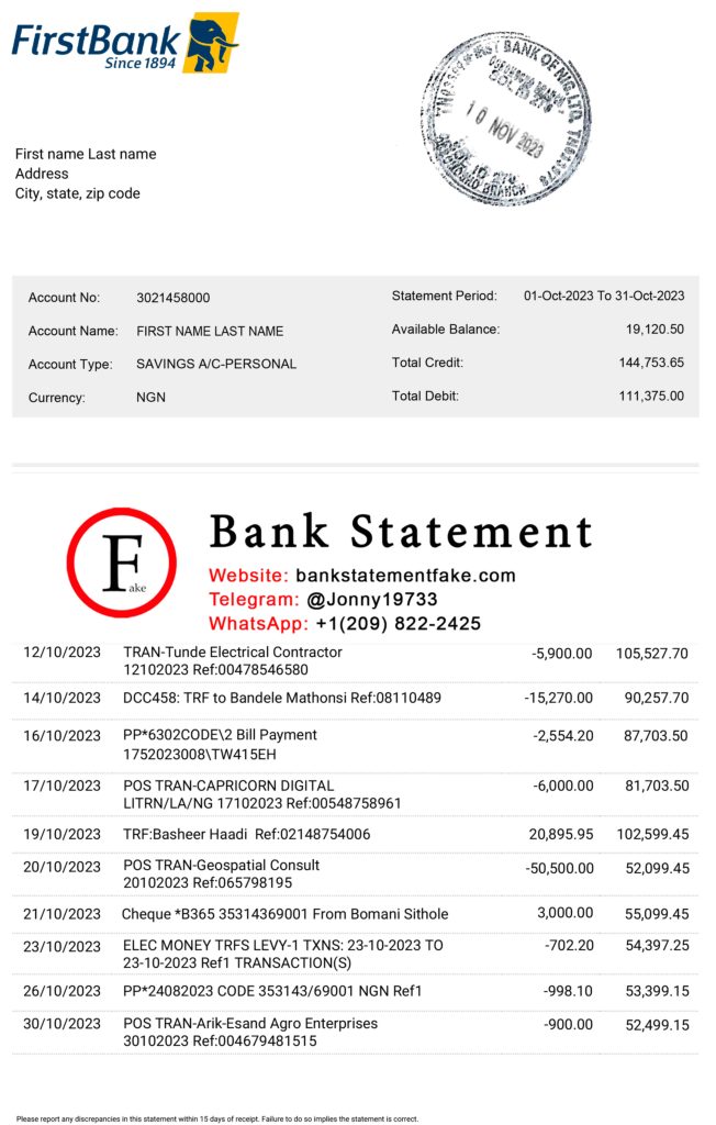 Africa Nigeria bank statement in JPEG format, editable novelty mockup with realistic design for educational and UX training use