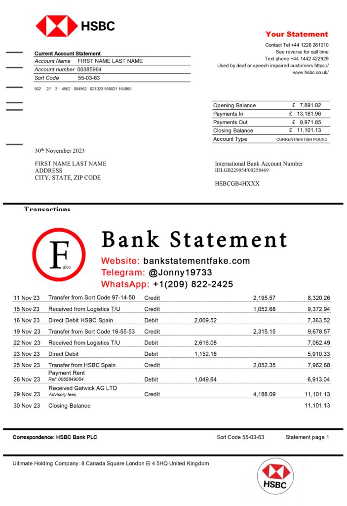 HSBC bank statement template