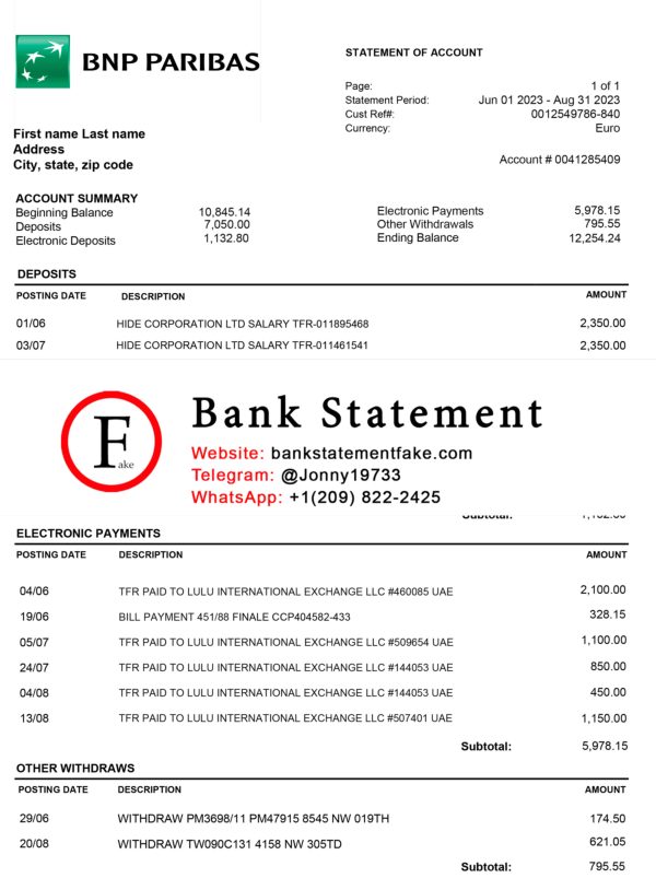 Poland BNP Bank Statement Template