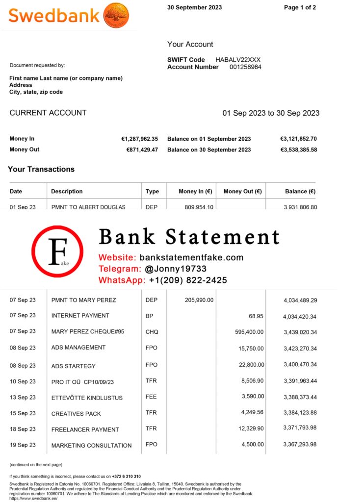 Swedbank Estonia bank statement in JPEG format, realistic editable mockup created for novelty, training, and UX simulation purposes
