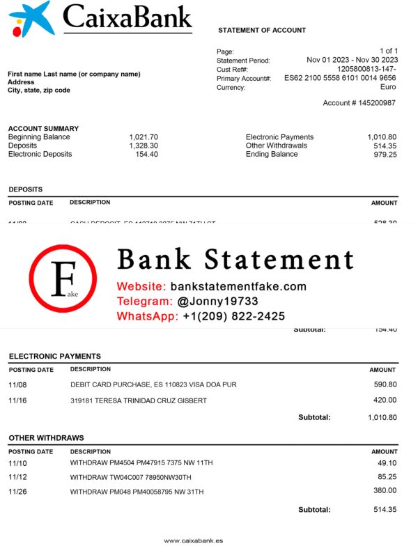 Spain Caixa Bank Statement Template