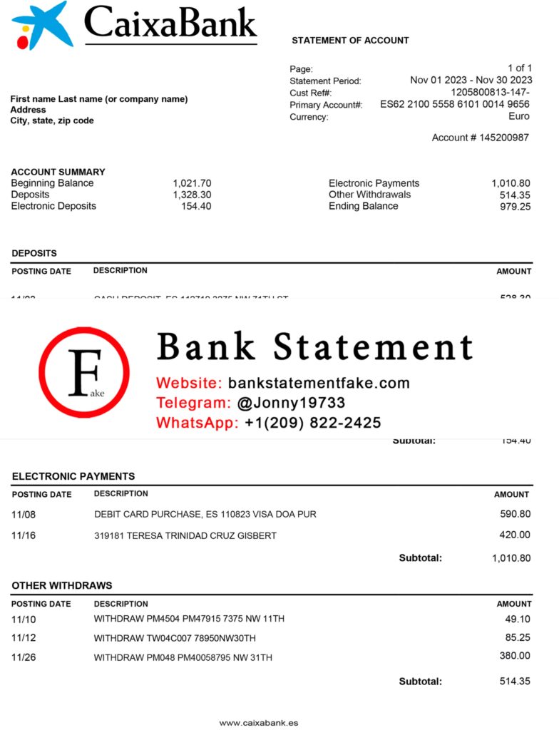 Caixa Bank Spain bank statement in JPEG format, realistic editable mockup crafted for novelty purposes, training activities, and UX simulation use