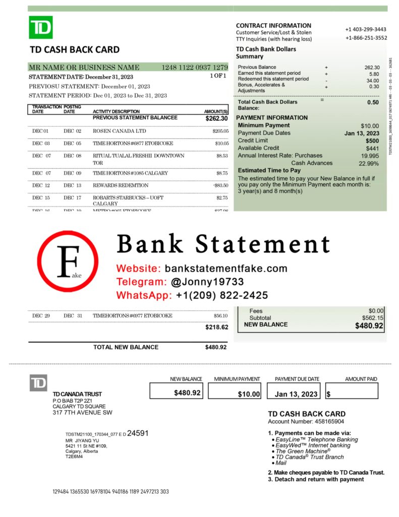 TD Canada bank statement in JPEG format, realistic editable sample crafted for novelty purposes, training exercises, and UX simulation projects