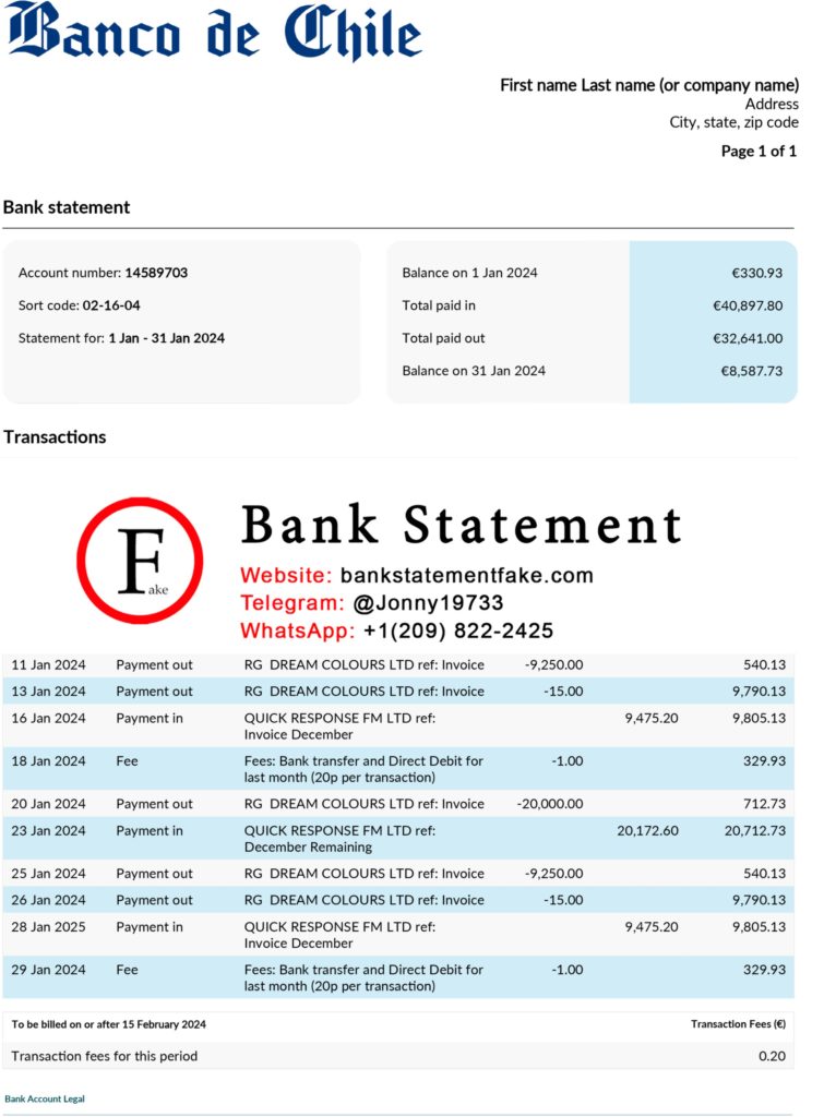 Banco de Chile bank statement in JPEG format, editable novelty sample with realistic layout for training and UX simulation scenarios