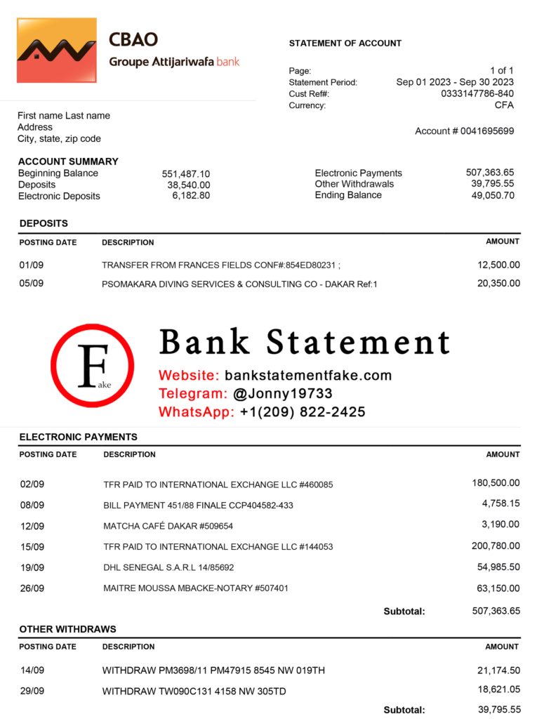 CBAO Senegal bank statement in JPEG format, realistic editable mockup designed for novelty purposes, training activities, and UX simulation use