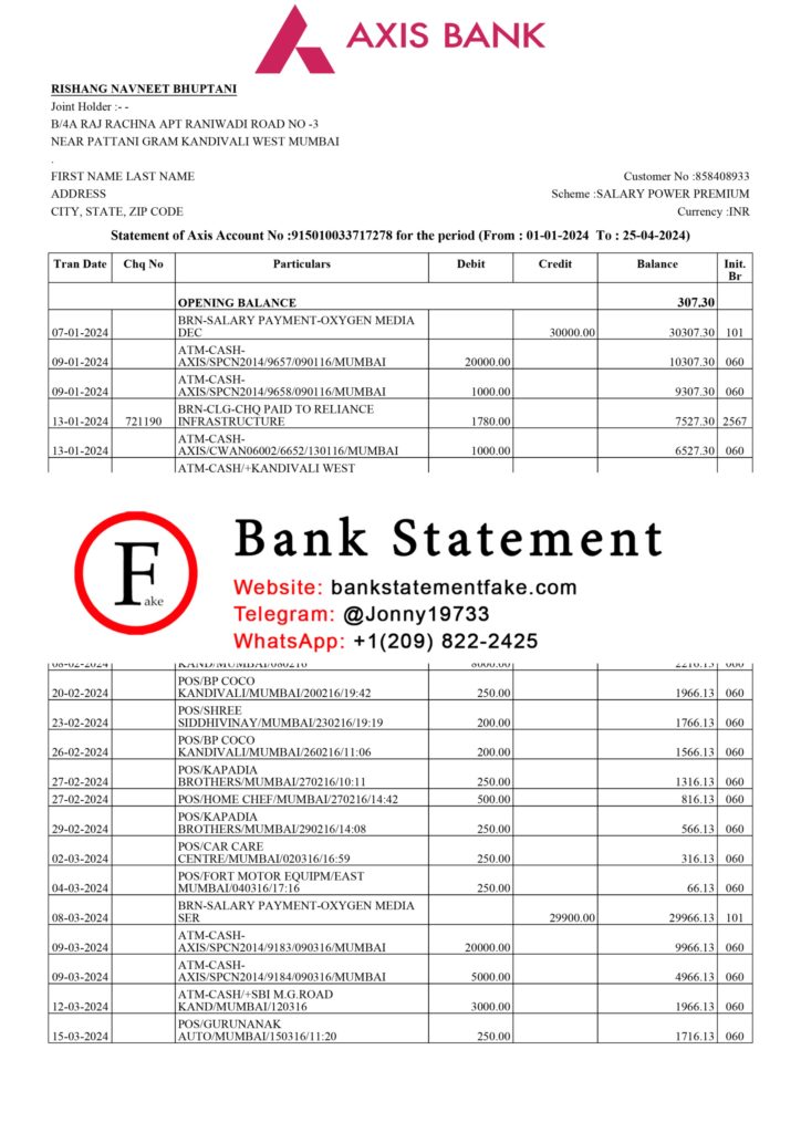AXIS Bank India bank statement in JPEG format, realistic editable sample designed for novelty purposes, training exercises, and UX simulation use