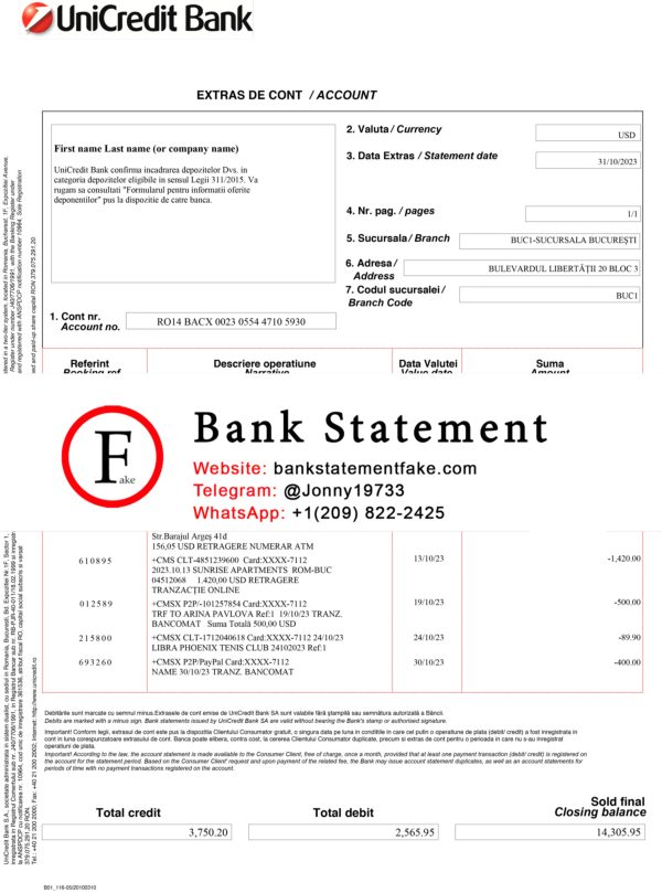 ROMANIA UNICREDIT Bank Statement Template